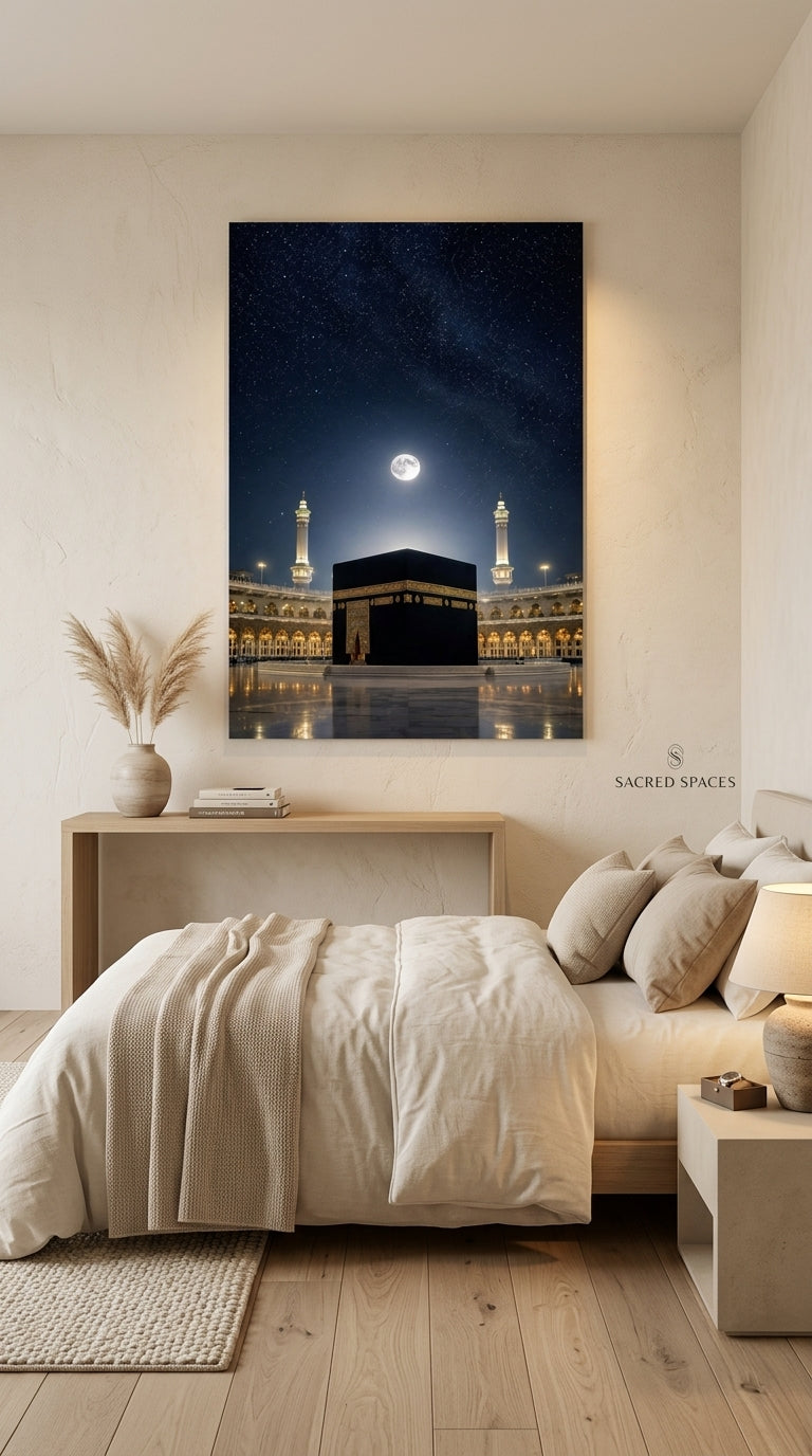 Kaaba Islamic wall art displayed above a bed in a serene modern bedroom