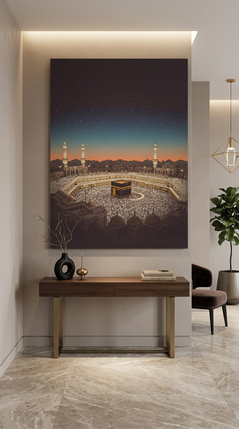 Kaaba Islamic wall art displayed above a console table