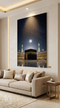 Kaaba Islamic wall art featuring the Holy Kaaba under a moonlit sky displayed in an elegant living room