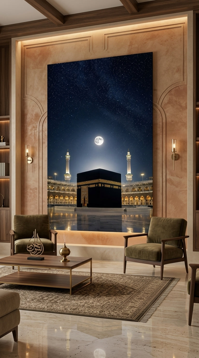 Kaaba Islamic wall art displayed in an elegant contemporary lounge with warm architectural lighting
