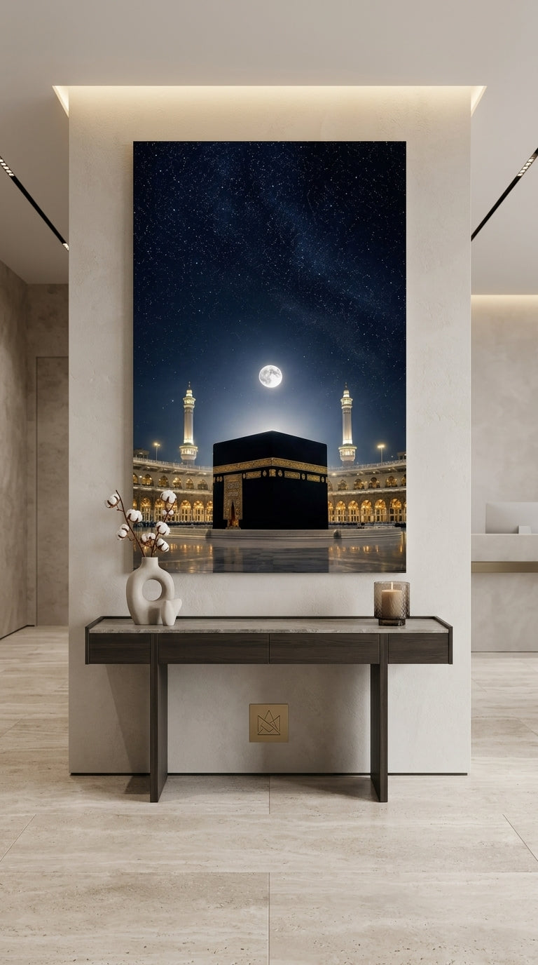 Kaaba Islamic wall art displayed on an elegant reception wall
