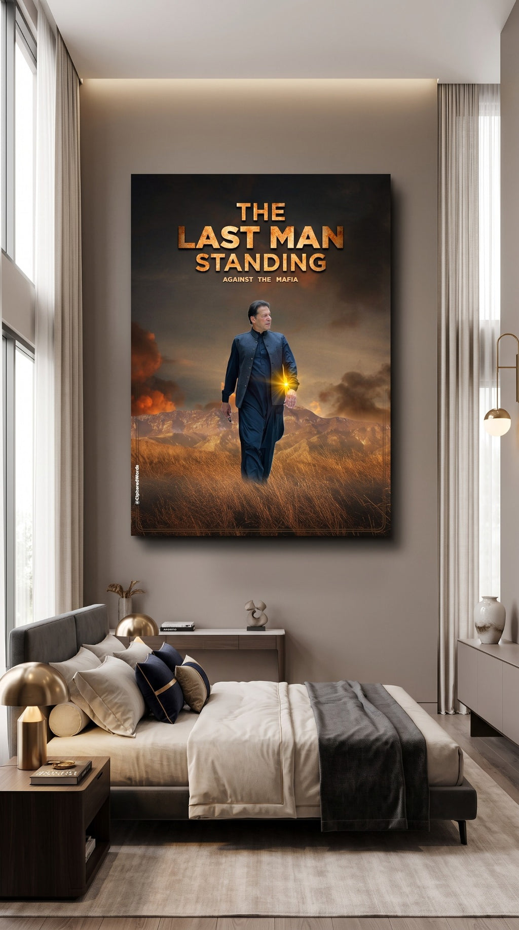 The Last Man Standing portrait wall art displayed in a modern bedroom
