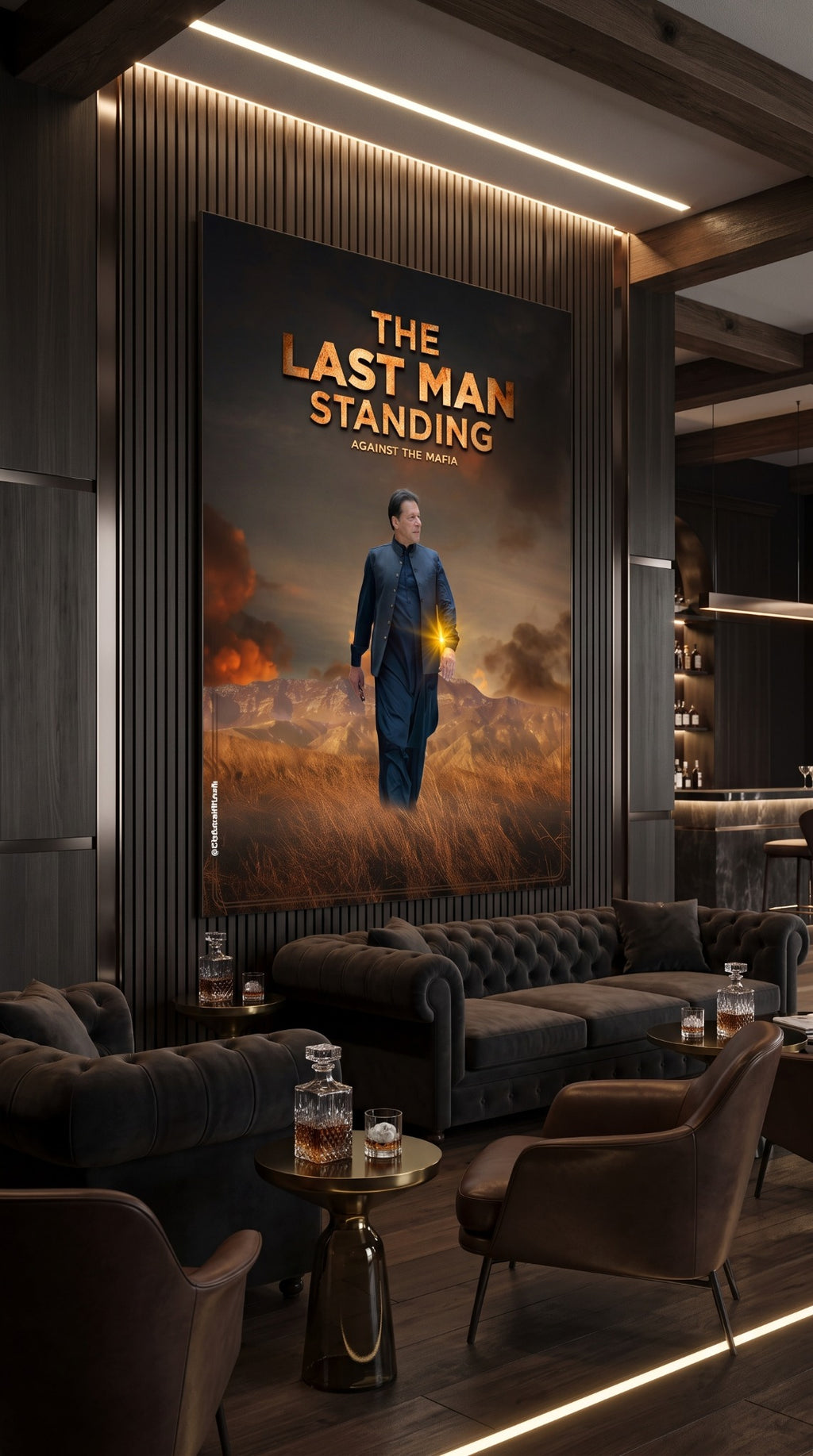 The Last Man Standing portrait wall art displayed in an upscale lounge