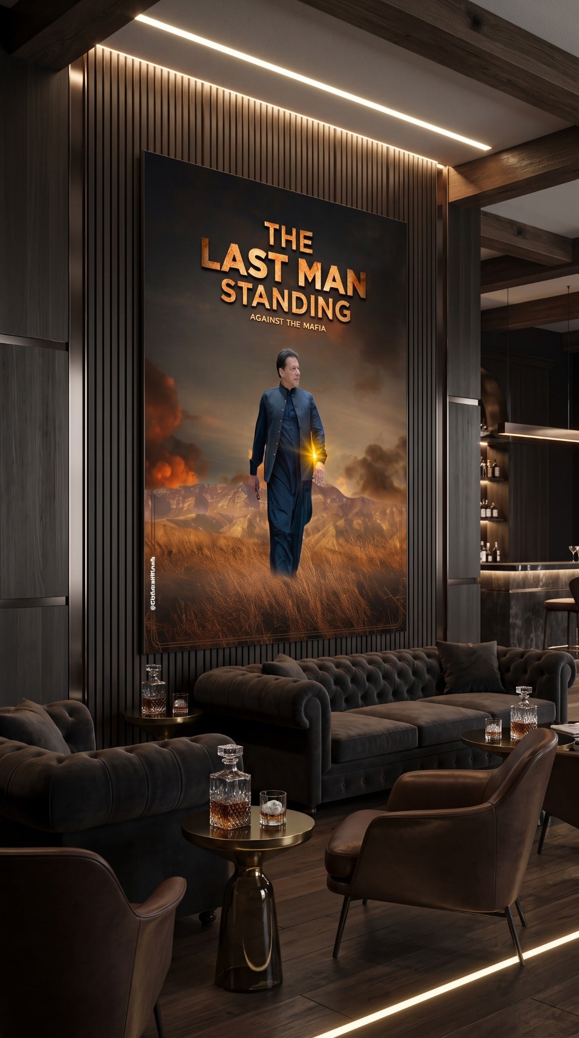The Last Man Standing portrait wall art displayed in an upscale lounge