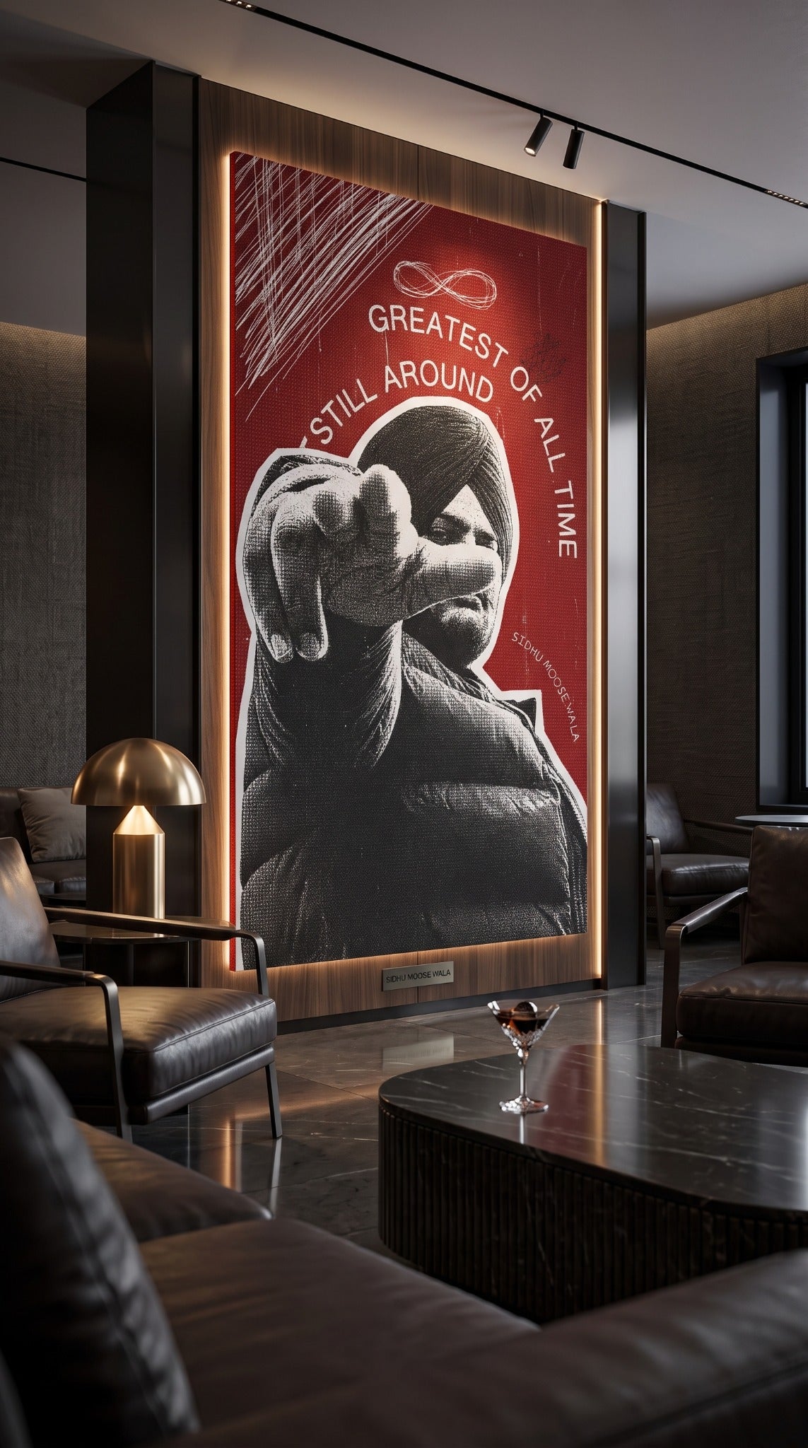 Musician wall art displayed in an upscale lounge