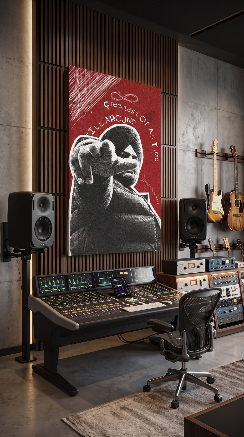 Musician wall art displayed in a professional music studio