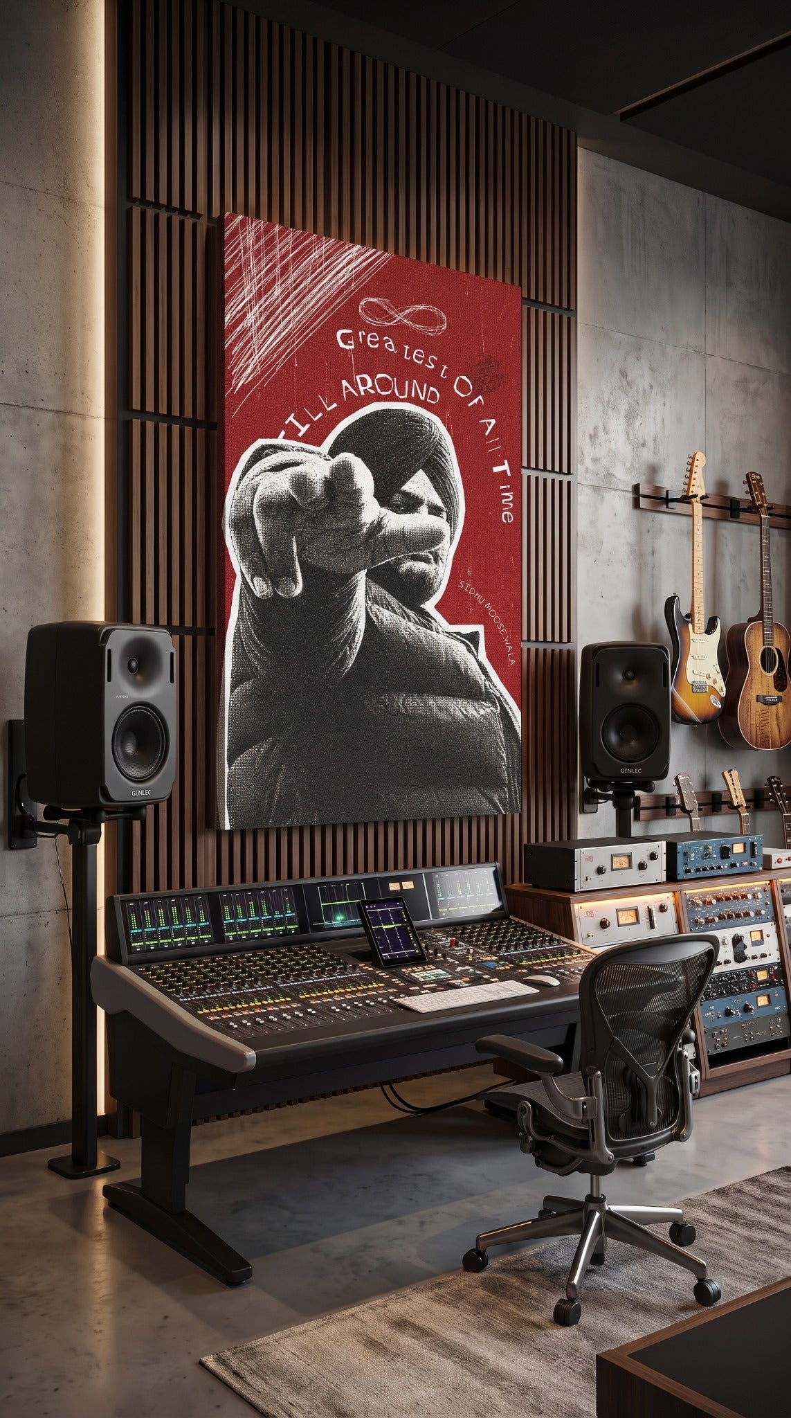 Musician wall art displayed in a professional music studio