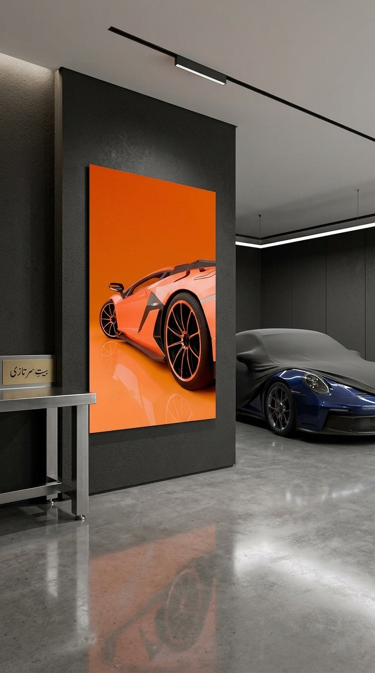 Orange supercar wall art displayed in a luxury car garage
