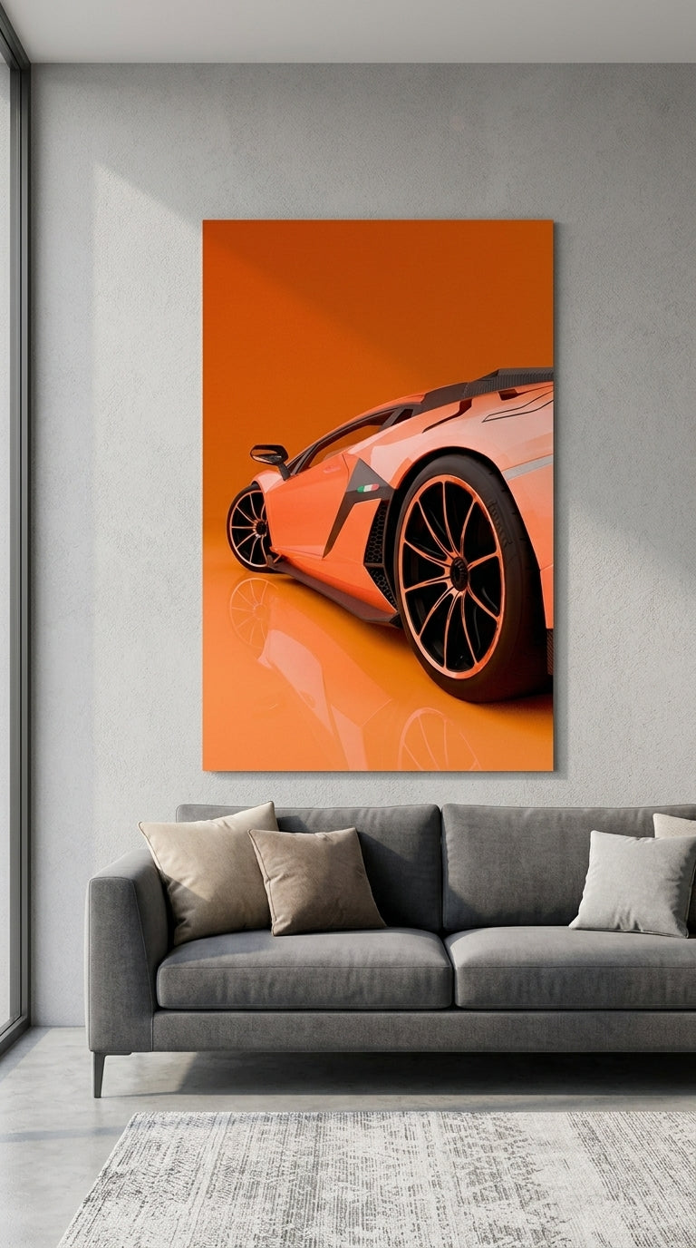 Orange supercar wall art above a modern sofa