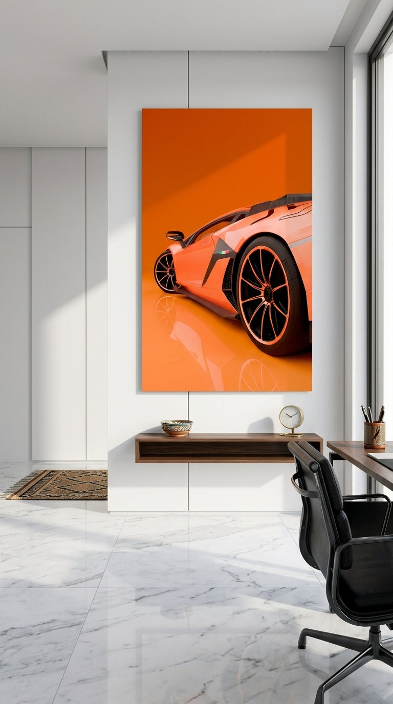 Orange supercar wall art in a modern office interior