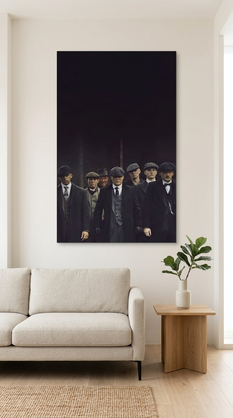 Peaky Blinders wall art above a sofa in a minimalist living room