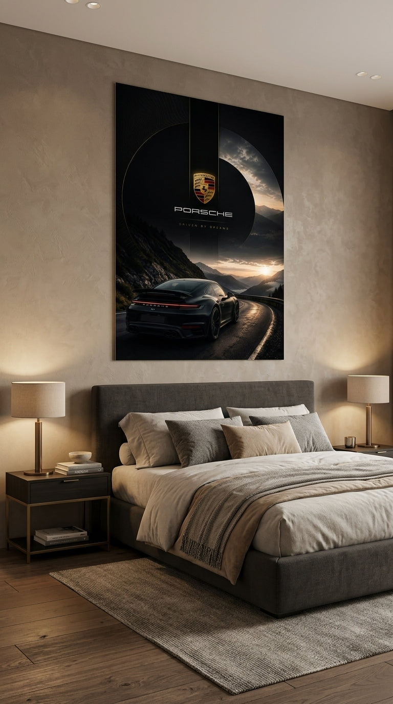 Porsche wall art displayed above a contemporary bedroom