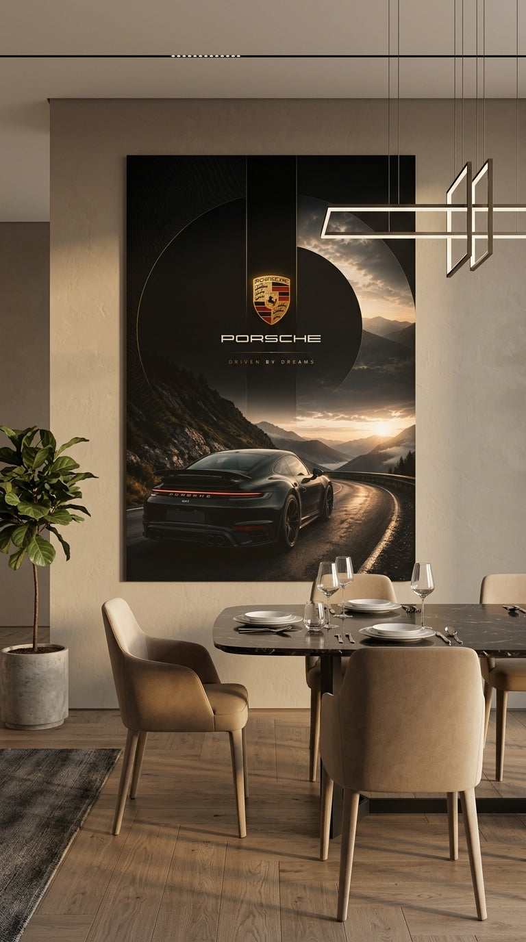 Porsche wall art displayed in a contemporary dining room