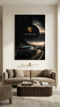 Porsche wall art displayed in a luxury living room