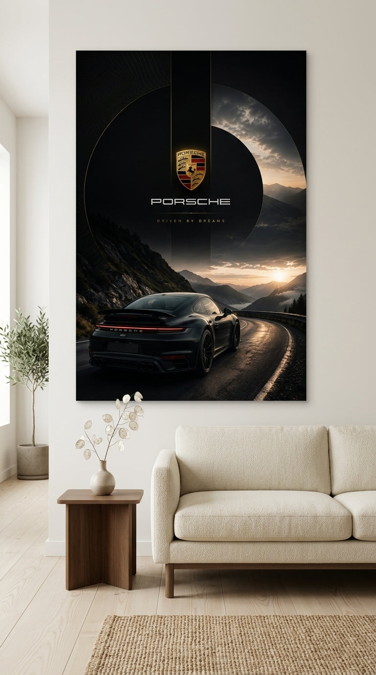 Porsche wall art displayed in a modern interior