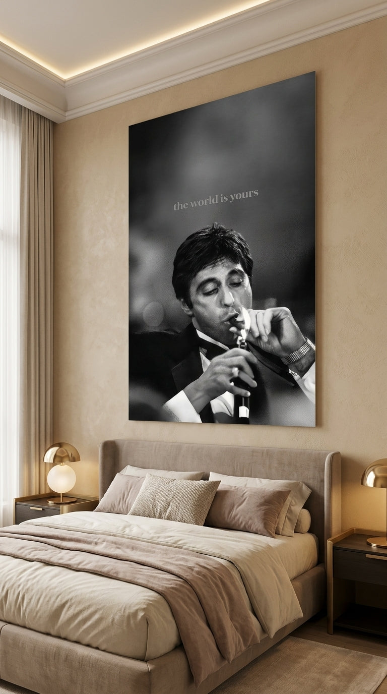 The World Is Yours black and white cinematic wall art displayed above a modern bedroom bed