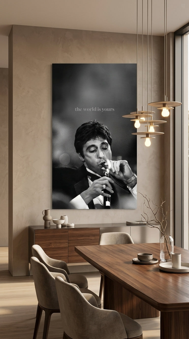 The World Is Yours black and white cinematic wall art displayed in a contemporary dining room