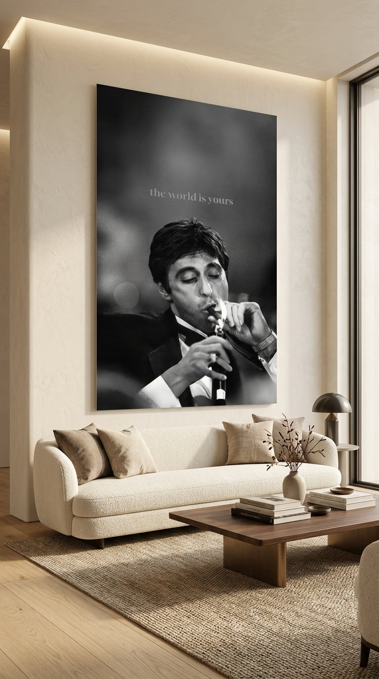 The World Is Yours black and white cinematic wall art displayed above a modern living room sofa