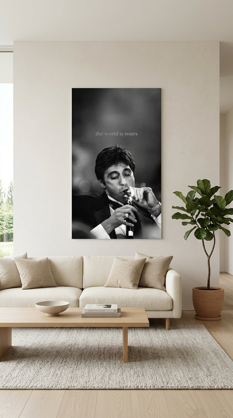 The World Is Yours black and white cinematic wall art in a minimalist living room